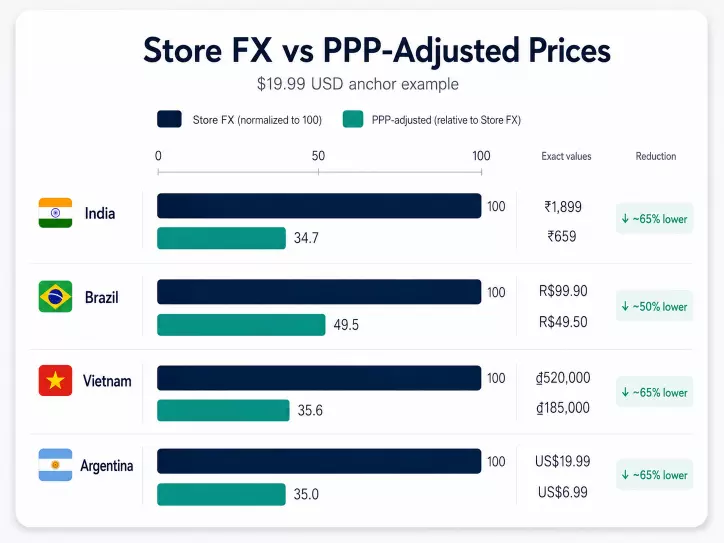 Store FX vs PPP-adjusted prices for India ₹1,899 to ₹659, Brazil R$99.90 to R$49.50, Vietnam ₫520,000 to ₫185,000, Argentina $19.99 to $6.99 USD, with reductions of 50 to 65 percent