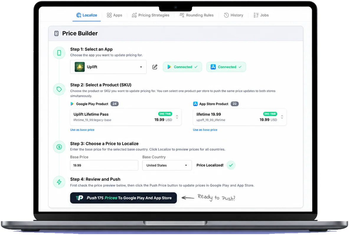 PricePush price builder on a laptop: choose your app, select the product on both stores, set a base price, review and push to both stores