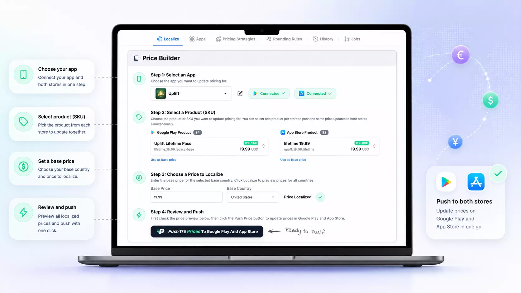 PricePush price builder annotated walkthrough: choose your app, select product SKU, set base price, review and push to both stores